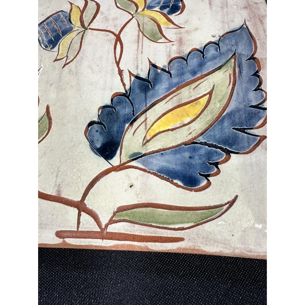 Vintage Welden Redware Tile Trivet PA Dutch Folk Art Floral Signed 6" - Picture 6 of 16